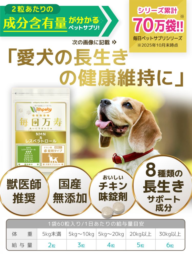毎日万寿 NMN & レスベラトロール 60粒×6袋 毎日万寿【公式ウィズペティ】猫用 NMN サプリ
