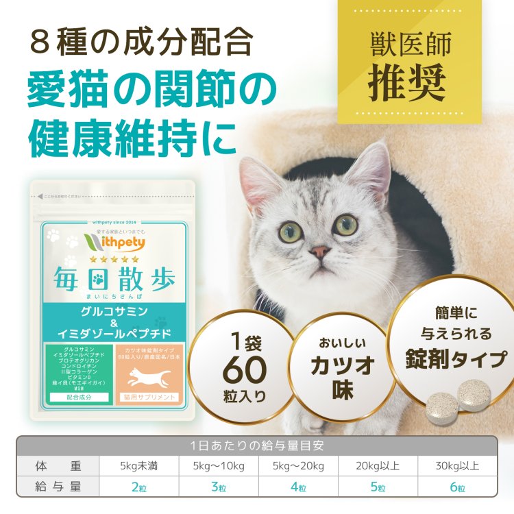 毎日散歩【公式ウィズペティ】猫用関節サプリ｜グルコサミン配合